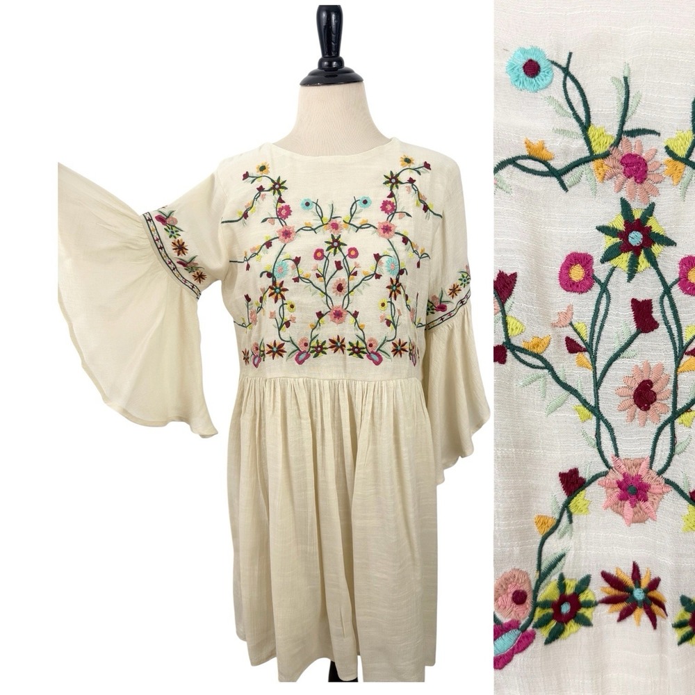 ALTAR'D STATE Embroidered Floral Mini DRESS XS Bell Boho Hippie Festival Fairy